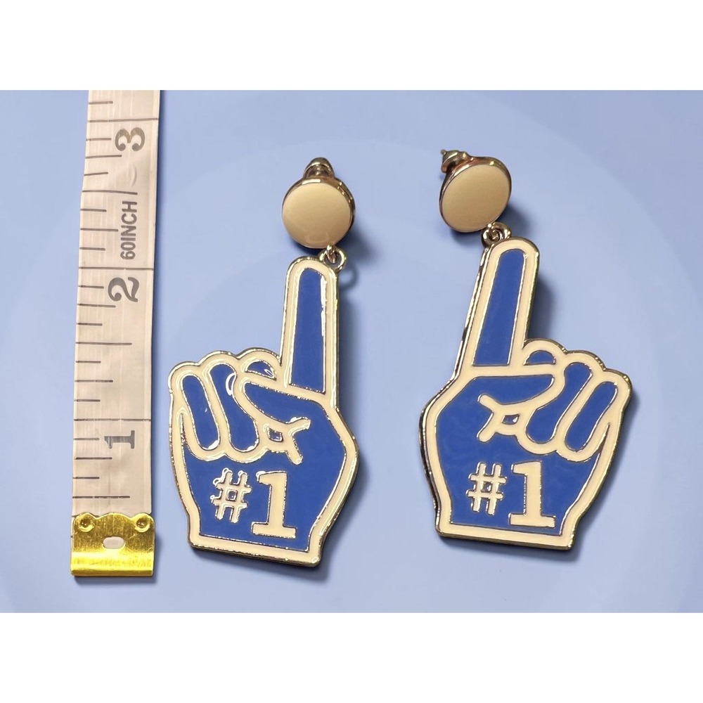 Blue #1 Foam Finger Earrings Oversized Game Day Sports Fan Statement Dangle